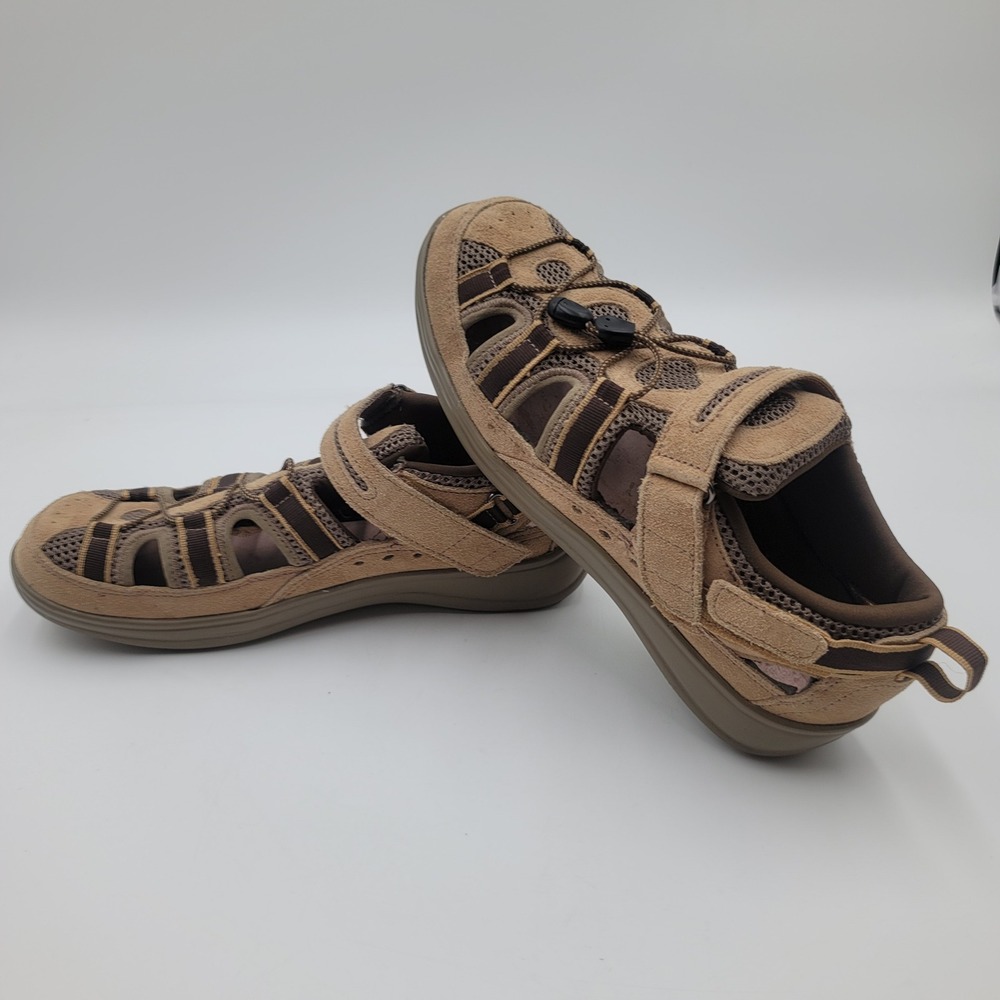 Orthofeet 77873 Womens 11‎ Wide Tan Leather Mesh Fisherman Sandals Bungee Strap